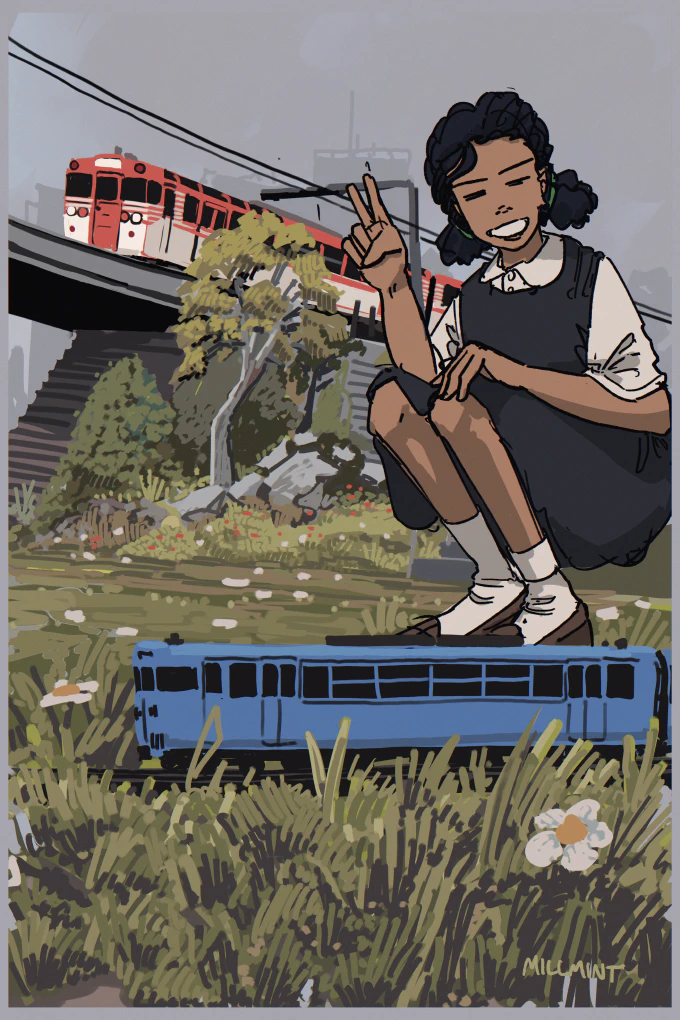 Tzipora blinking in a photo with a model train in front and a real train behind her