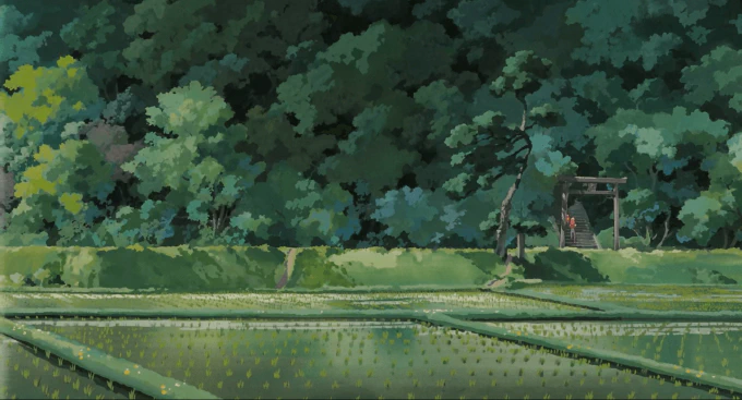 Image of farms and fields, with the stairs to a shrine in the distance